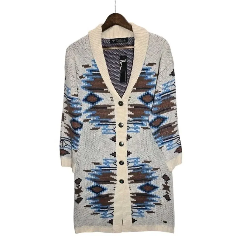 Lucky & Blessed Aztec Southwestern Boho Long Cardigan Sweater Womens M/L Duster
